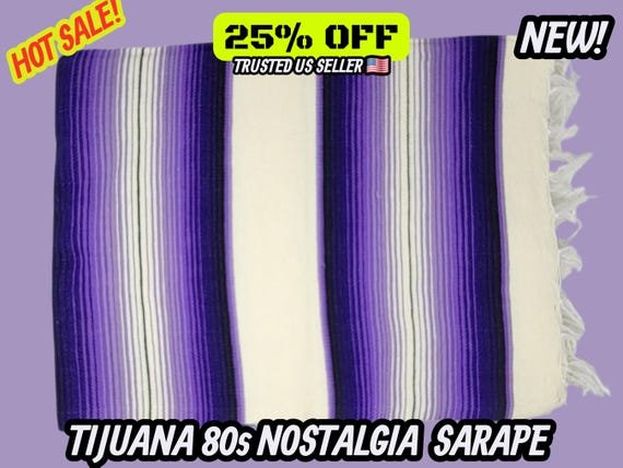 Purple & White Mexican Blanket, Handloomed Sarape Falsa