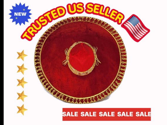 Handmade Red Velvet Sombrero Charro: Gold Embroidery, Adult Fiesta Hat