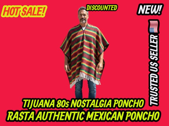 Mexican Falsa Poncho:  rasta yellow red green  Striped Adult Serape