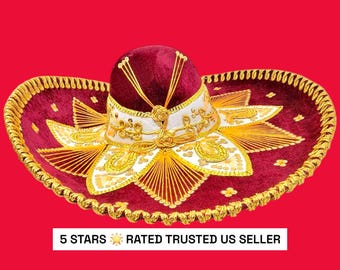 authetische Erwachsene mexikanische Fiesta dunkelrot mit Goldrand charro Sombrero für Erwachsene für Kostüm für 5 de Mayo Mariachi Versandkostenfrei