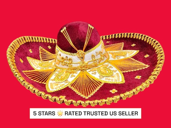 authetic adults mexican fiesta dark red  w/ gold  trim charro sombrero for grown ups for costume for 5 de mayo  mariachi free shipping