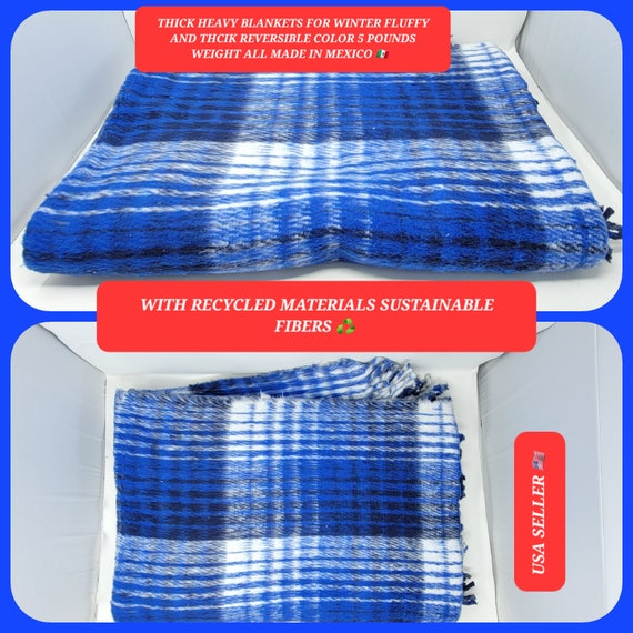 Blue Super soft heavy thick fluffy  mexican  reversible winter blanket manta recycled fibers from tijuana baja