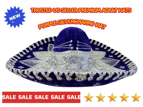 Purple Velvet Sombrero Charro: Silver Embroidery, Adult Fiesta Hat