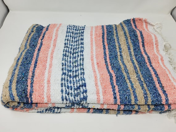 pastel colors mexican blanket warm and thick falsa blanket beach blanket white,beige pink and blue  free shipping