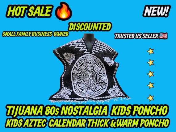 BLACK AND WHITE Reversible aztec calendar hand woven poncho with fringes