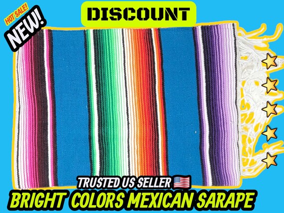 Green electric Mexican Blanket: Handloomed Rainbow Stripe Sarape