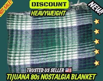 Green Plaid Mexican Blanket: Heavy Reversible Recycled Fiber Manta