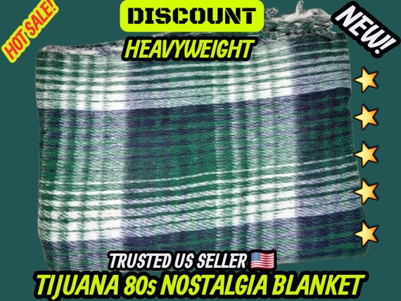 Green Plaid Mexican Blanket: Heavy Reversible Recycled Fiber Manta