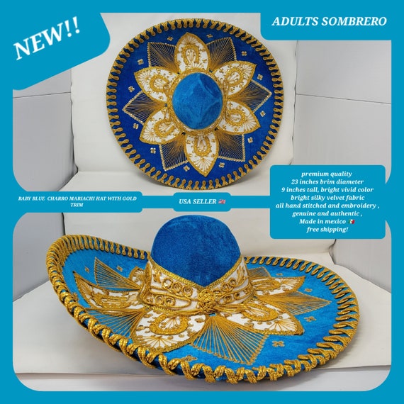 BABY BLUE with gold trim adults sombrero charro mariachi hat for fiestas or 5 de mayo