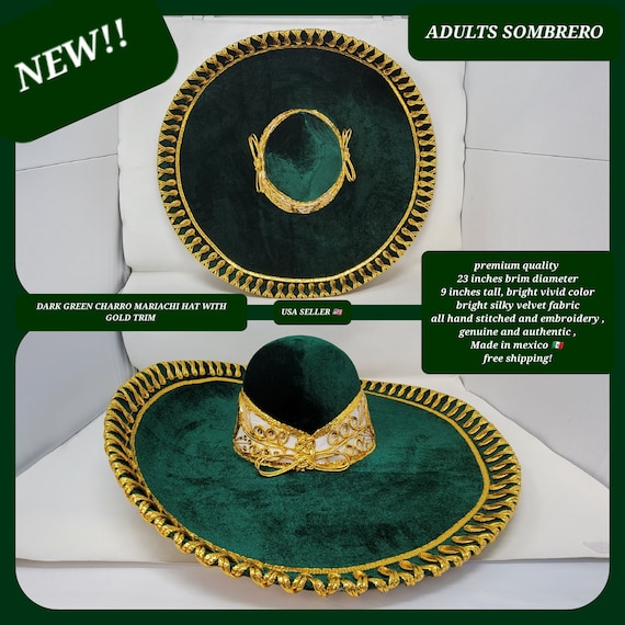 GREEN with gold trim adults sombrero charro mariachi hat for fiestas or 5 de mayo