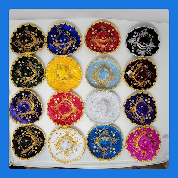 16 pack of mini mexican sombrero mariachi hats with gold trim