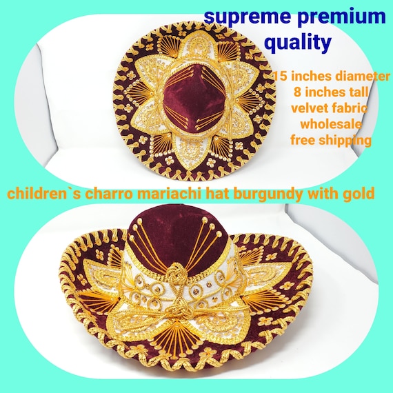 burgundy with gold children mexican fiesta  charro sombrero for kids for costume for 5 de mayo  mariachi free shipping