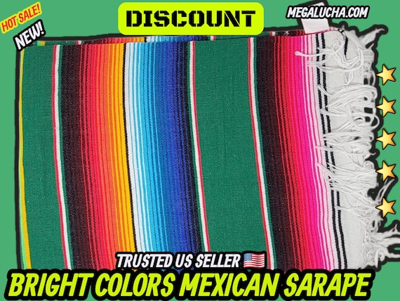 Green Mexican Blanket: Rainbow Saltillo Sarape, Handloomed Falsa Blanket