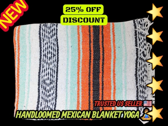 Handloomed Mexican Falsa Blanket: Aqua, Orange & White Striped Beach Blanket