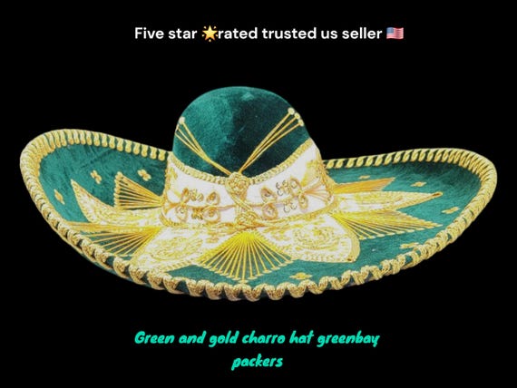 authetic adults mexican fiesta dark green w/gold trim charro sombrero sports team