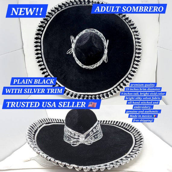 plain black  with gold trim adults sombrero charro mariachi hat for fiestas or 5 de mayo