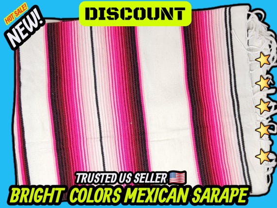 Pink Mexican Blanket: Rainbow Stripe Sarape, Handloomed Falsa
