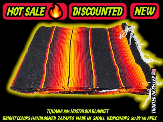 Authentic Mexican zarape blanket 80x60, mexican decor ,table runner, pic nic fire & black colors