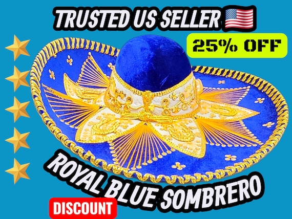 Dark Blue Charro Sombrero with Gold Trim: Authentic Mexican Fiesta Hat