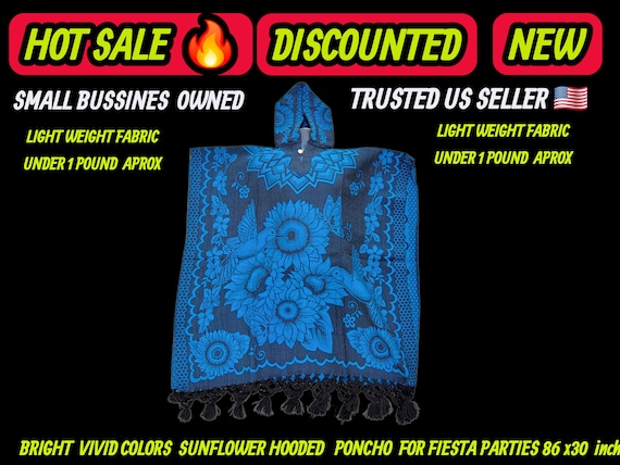 Sunflower hooded poncho lightweight mexican cape under 1lb vibrant floral boho wrap, hand fringed