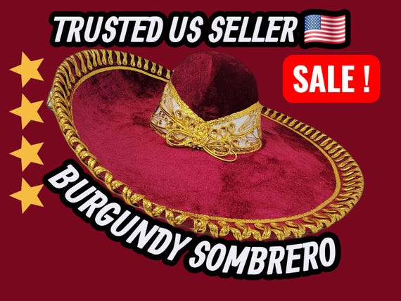 Dark Burgundy Charro Sombrero: Gold Trim Mariachi Hat