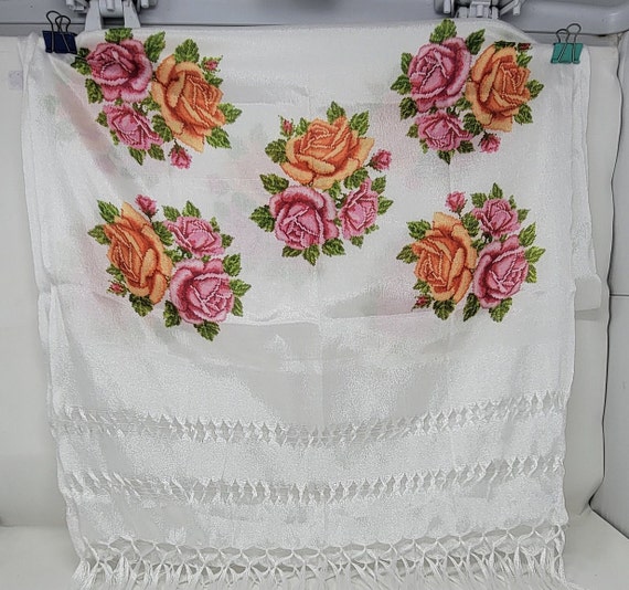 white floral design  rebozo mexican tipical chalina, Mexican Shawl (94" x 24.5") silk artisela