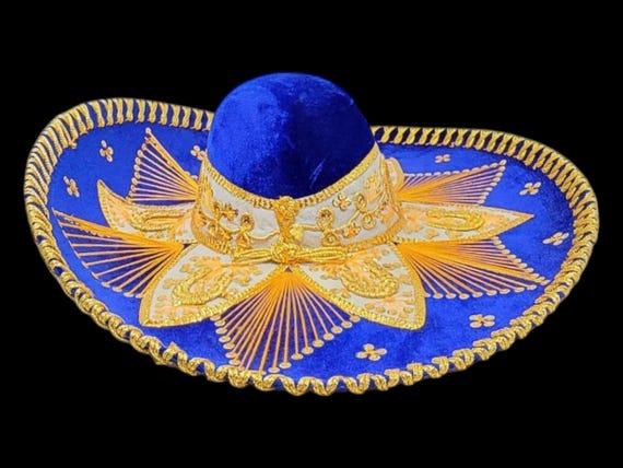 hat fiesta dark blue  w/ gold  trim charro sombrero for fans mayo  mariachi free shipping