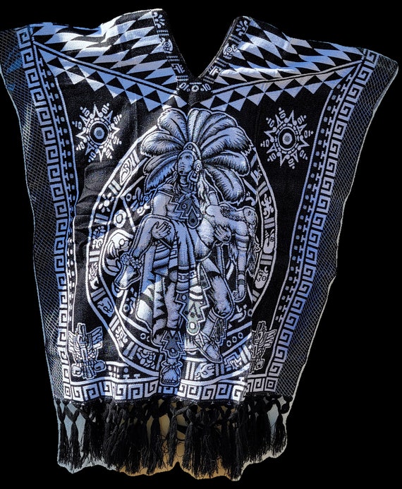 Mexican aztec  poncho gavan jorongo authentic  black with white