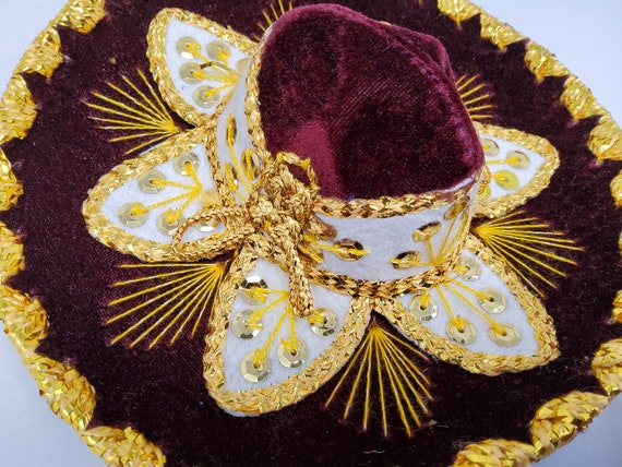 mexican mariachi sombrero fiesta hat deep burgundy and gold 8 velvet fabric inches supreme quality free shipping
