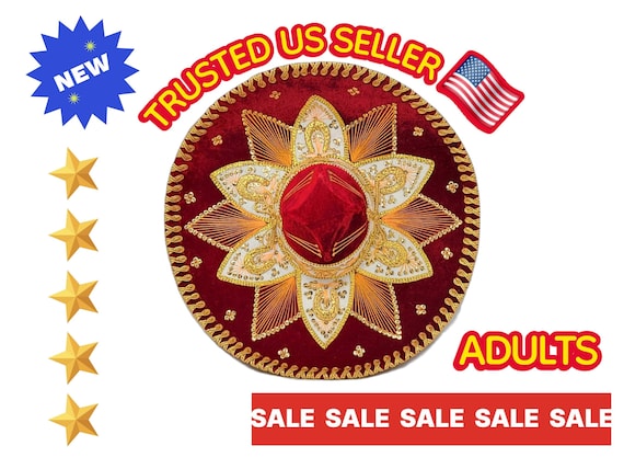 Handmade Red Velvet Sombrero Charro - Gold Embroidery - Adult Fiesta Hat