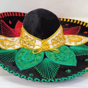 May include: A black sombrero with a rounded crown and wide, flat brim. The hat features red, green, and gold embroidered details, including leaf patterns and a decorative band around the crown. The brim is trimmed with a green and gold rope.