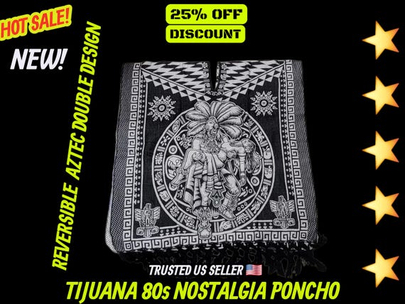 Mexican aztec  poncho gavan jorongo authentic  black with white