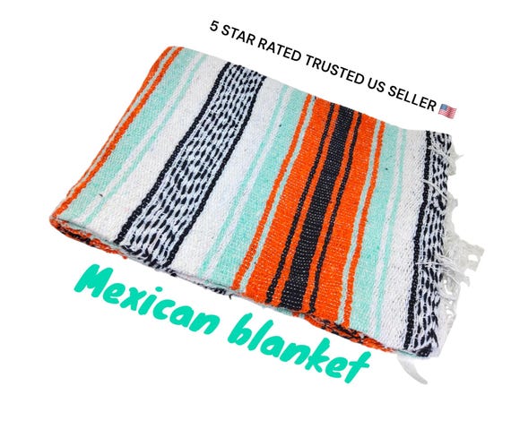 aqua and orange  with  white colors mexican blanket falsa blanket beach blanket 76" L x 53" w free  shipping we sell wholesale