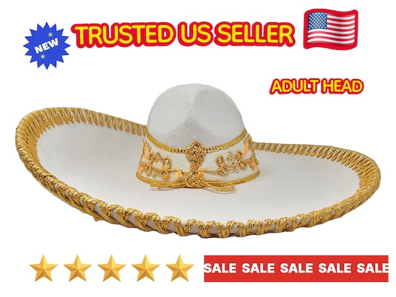 White Velvet Mariachi Sombrero with Golden Embroidery