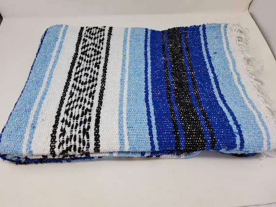 mexican blanket warm and thick falsa blanket light blue, dark blue ,white and black