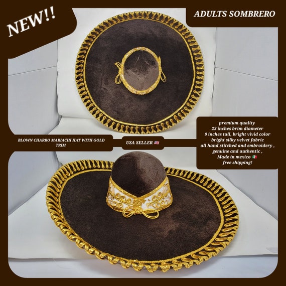 BROWN with gold trim adults sombrero charro mariachi hat for fiestas or 5 de mayo