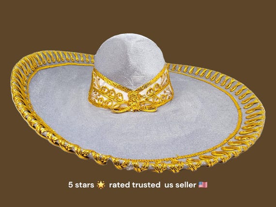 GRAY with gold trim adults sombrero charro mariachi hat for fiestas or 5 de mayo