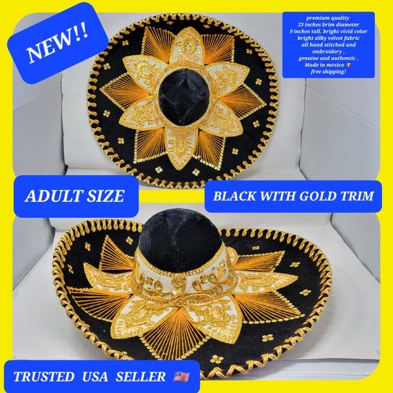 Black with gold trim adults sombrero charro mariachi hat for fiestas or 5 de mayo