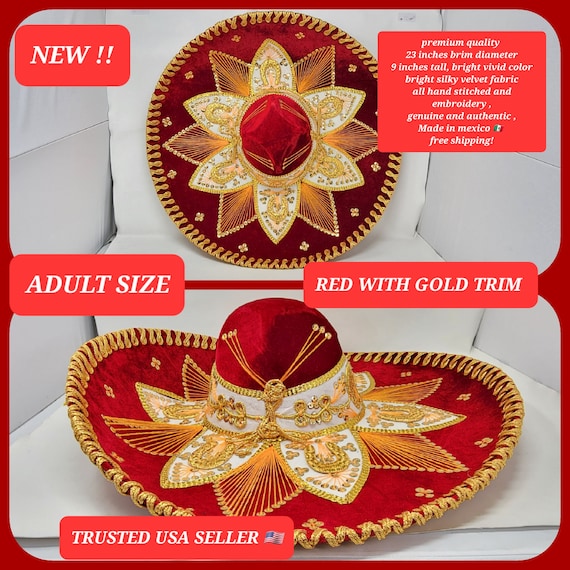 DARK  RED   with  GOLD  colors  adults sombrero charro mariachi hat for fiestas or 5 de mayo extra fancy