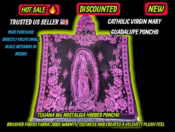 Virgin mary of guadalupe catholic  Mexican  poncho 1980's vintage style tijuana lightweight handwoven fringes