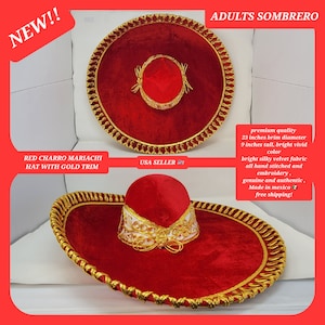 RED with gold trim adults sombrero charro mariachi hat for fiestas or 5 de mayo