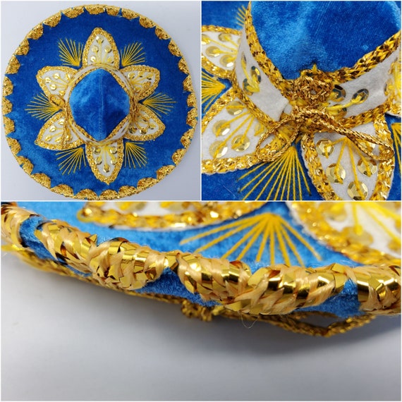 mexican mariachi sombrero fiesta hat light blue velvet fabric and gold 8 inches supreme quality free shipping