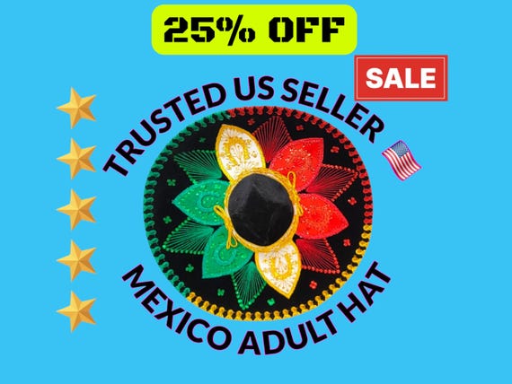 Mexico Colors Sombrero: Adult Charro Mariachi Hat with Gold Trim