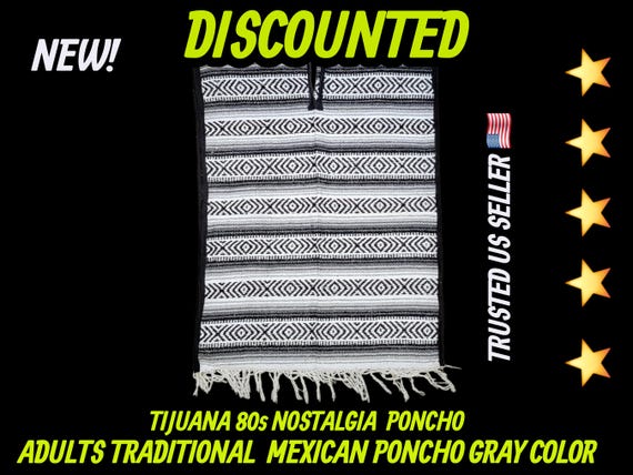 Traditional Mexican Poncho: Gray & White Falsa Blanket
