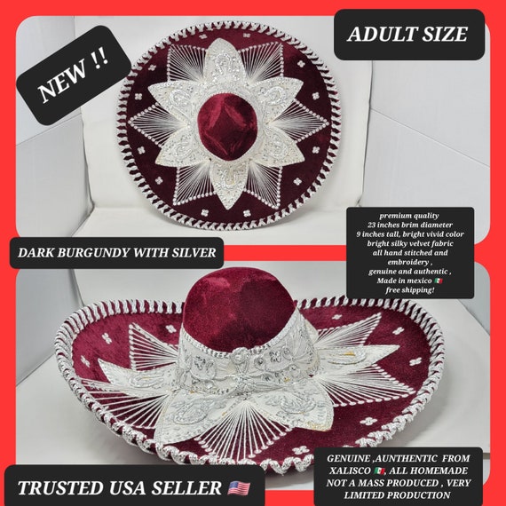 burgundy and silver adults mexican fiesta charro hat sombrero for grown ups for costume for 5 de mayo  mariachi free shipping