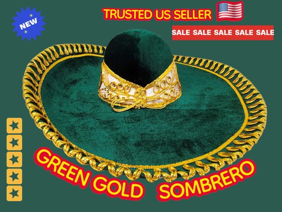 Green Velvet Charro Sombrero with Gold Trim: Authentic Mexican Fiesta Hat