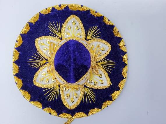 mexican mariachi sombrero fiesta hat deep purple velvet fabric  and gold 8 inches supreme quality free shipping