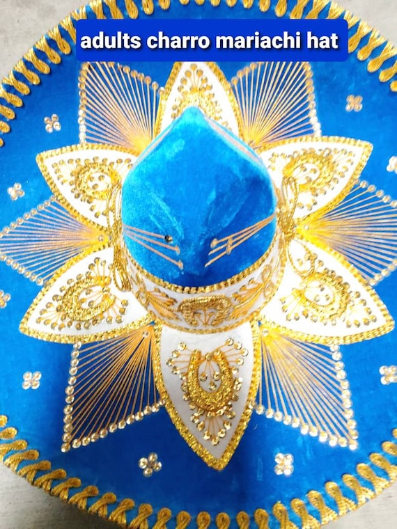 adulti festa messicana azzurro w/finiture oro charro sombrero per costume per 5 de mayo mariachi spedizione gratuita