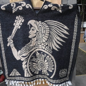 BLACK AND BEIGE   aztec warrior aztec calendar reversible  heavy thick poncho  super warm and soft free shipping