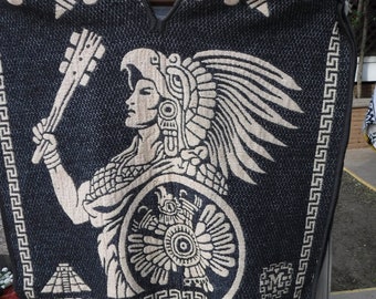 BLACK AND BEIGE   aztec warrior aztec calendar reversible  heavy thick poncho  super warm and soft free shipping